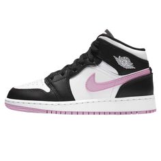 After dressing up in carbon fiber, the Air Jordan 1 Mid is going back to basics, releasing in yet another girls exclusive that pairs up black with a small touch of light pink. The latter tone, though placed in a more supportive role to its adjacent neutrals, steals the eye as it arcs across the profile, the leather swoosh made to match that of the Jumpman tab at the tongue as well as the tread just below. Elsewhere, white outfits the base as well as the Wings insignia and midsole, while polished black paneling and laces wrap the lace unit, forefoot, and heel. Size & Fit This trainer comes in Grade School sizing and therefore fits small, if you are an adult we recommend taking a half size up from your normal size. Black And Pink Jordans, Air Jordan 1 Mid Gs, Spaghetti Strap Bodycon Dress, Lace Wrap, Dream Style, Loafer Sneakers, Swag Shoes, Cotton Bottoms, Air Jordan 1 Mid