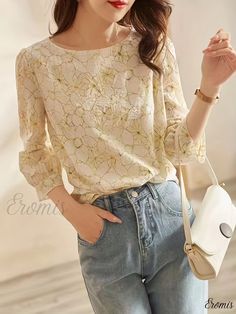 Eromis - Versatile Womens Floral Print Blouse - Elegant Boat Neck, 3/4 Sleeves - High-Quality Stylish Apparel Ladies Chiffon Shirts, Blouse Elegant, Floral Print Shirt, Floral Print Blouses, Chiffon Shirt, Fashion Korean, Lace Shirt, Chiffon Blouse, Elegant Woman