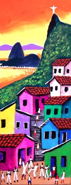 a painting of people walking in front of colorful houses with mountains and water behind them