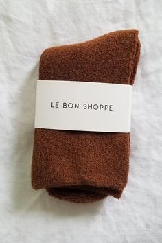 Le Bon Shoppe comfy, cozy, terry cloth Cloud socks. 85% Cotton, 13% Polyester, 2% Spandex. PIPE AND ROW Cozy Soft Knit Socks For Loungewear, Cozy Soft Knit Loungewear Socks, Comfy Loungewear Socks, Comfortable Cozy Socks For Loungewear, Cozy Soft Socks For Loungewear, Cozy Soft Socks With A Cozy Fit, Cozy Fit Soft Knit Socks For Loungewear, Soft Brown Winter Socks, Comfortable Soft Brown Socks