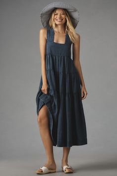 The Helena Square-Neck Tiered Midi Dress: Smocked Denim Edition Party Outfit Formal, Dinner Dress Classy, Night Dresses, Dress Party Night, Square Neck Dress, Cozy Night, Royal Blue Dresses, Tiered Midi Dress, Maxi Dress Party