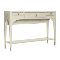 a white console table with two drawers on one side and an open drawer at the top