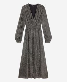 Long silver dress | The Kooples - US Metallic V-neck Evening Dress, Elegant V-neck Dress For Dinner, Chic Metallic V-neck Dress, Luxury V-neck Mini Dress For Night Out, Fall Party V-neck Maxi Dress, Chic Gray V-neck Maxi Dress, Formal V-neck Dress For Gala, Elegant Long V-neck Party Dress, Luxury Floor-length Fall Dresses