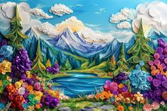 a painting of a mountain lake surrounded by flowers and trees with clouds in the background