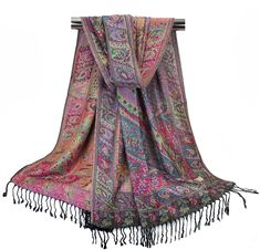 "Soft and silky vintage style pashmina scarves for women Multicolored festival shawls in shades of black, pink, green and many other colors.  These light weight scarves feature a divine composition beautifully adorned with delicate floral and paisley motifs in contrasting pink, purple, green and other colors. The meticulously vintage prints in vibrant hues give these fancy scarves an elegant feel making them equally good for formal as well as casual use. These beautiful wraps fall gracefully and are easy to carry. Perfectly sized for wearing around your neck, over your head, as a beach cover-up or as a drape. A perfect gift for any occasion ~~Item details~~ Quantity: 1 rectangular long scarf Material: viscose jacquard Length: approx. 76.5 inches ( 195 cm) Width: approx. 27.5 inches ( 70 cm Style Pashmina, Festival Scarf, Bridal Scarf, Pashmina Scarves, Fancy Scarf, Bohemian Scarves, Paisley Motifs, Festival Scarves, Fancy Wedding