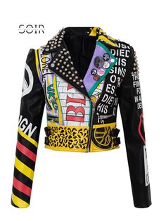 Urban Tapestry Graffiti Biker Jacket - Soirées Boutique Rich Wardrobe, Teenager Style, Nail Beads, Faux Leather Jacket Women, Short Leather Jacket, Punk Women, Colorful Jacket, Leather Coat Womens, Street Fits