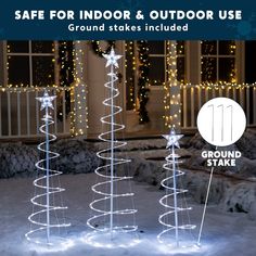 lighted outdoor christmas trees in front of a house with text saying safe for indoor and outdoor use ground stakes included