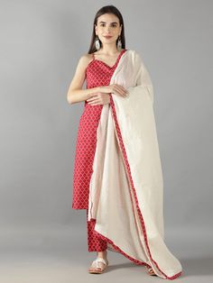 lava-red-geometric-handblock-print-suit-set-paired-with-lurex-cotton-dupatta-11703135RD, Women Indian Ethnic Clothing, Cotton Kurta Set Dupatta Red Cotton Sets With Dupatta, Cotton Palazzo Set With Traditional Patterns And Straight Kurta, Cotton Palazzo Set With Straight Kurta And Traditional Patterns, Fitted Cotton Palazzo Set With Kalamkari Print, Red Salwar Kameez With Kalamkari Print For Navratri, Red Salwar Kameez With Kalamkari Print For Festive Occasions, Red Bollywood Salwar Kameez With Kalamkari Print, Red Kalamkari Salwar Kameez For Navratri, Red Bollywood Cotton Set