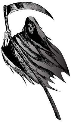 a black and white drawing of a skeleton holding a scythe