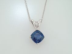 "HERE IS BEAUTIFUL CUSHION CUT CEYLON BLUE SAPPHIRE SOLITAIRE PENDANT NECKLACE 14 KARAT WHITE GOLD AVAILABLE YELLOW OR ROSE GOLD TOO ASK ME PLEASE COMES WITH 16\" OR 18\" INCH CHAIN CENTER CUSHION CUT CEYLON BLUE SAPPHIRE VERY SWEET LIGHT BLUE COLOR & CLEAN SAPPHIRE !! CENTER SHAPE- CUSHION CUT CUT- VERY GOOD CLARITY- AA COLOR- BLUE CARAT- 1.16ct MEASUREMENT- 5.95 X 5.90 mm TOTAL 1.16 CARAT RETAIL PRICE IS OVER $2,800.00 COMES WITH $2,250.00 CERTIFIED APPRAISAL !! DREAM IT I\"LL MAKE IT SPEC Luxury Blue Diamond-cut Necklace, Hallmarked Sapphire Necklace, Elegant Blue Hallmarked Necklace, Formal Blue Diamond Cut Necklace, Formal Blue Diamond Cut Necklaces, Formal Blue Hallmarked Necklace, Formal Blue Hallmarked Necklaces, Formal Hallmarked Blue Necklaces, Blue Sapphire Cushion Cut Jewelry