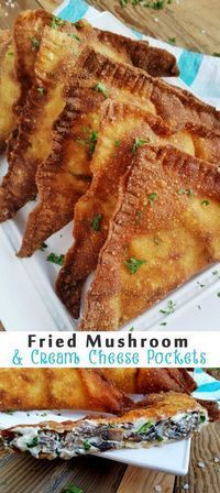 fried mushrooms and cream cheese pockets on a white plate with parsley sprigs