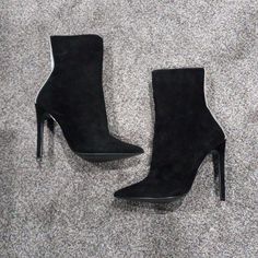 Never Worn Black Suede Steve Madden Crystal Bootie Winter Ankle-high Heeled Boots With 4-inch Heel, Winter Closed Toe Heeled Boots With 4-inch Heel, Trendy Winter Boots With 4-inch Heel, Trendy Boots With 4-inch Heel For Night Out, Winter Heeled Boots With 4-inch Heel And Medium Width, Edgy Closed Toe Heeled Boots For Winter, Trendy Black Closed Toe Mid-calf Boots, Edgy Winter Heeled Boots With Closed Toe, Trendy Black Mid-calf Closed Toe Boots