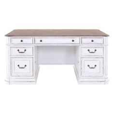 an old white desk with drawers on the top and two drawers at the bottom, in front of a white background