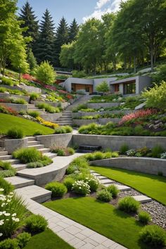 an outdoor garden with steps and landscaping in the middle, surrounded by trees and flowers