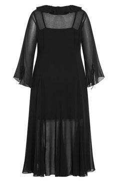 "Find CITY CHIC Vamp Ruffle Long Sleeve Maxi Dress on Editorialist. Fall for the flowy silhouette of this semisheer maxi designed with flowy bell sleeves and a drapey skirt. 55\" length (size Small) V-neck Long sleeves Partially lined 95% polyester, 5% elastane Machine wash, dry flat Imported" Chic Bell Sleeve Maxi Dress For Fall, Fall Party Maxi Dress With Bell Sleeves, Flowy Bell Sleeve Party Dress, Chic Bell Sleeve Maxi Dress For Party, Flowy Midi Dress With Bell Sleeves, Formal Flowy Maxi Dress With Sheer Sleeves, Flowy Maxi Dress With Sheer Sleeves For Party, Flowy Maxi Dress With Draped Sleeves, Flowy Long Sleeve Maxi Dress With Draped Sleeves