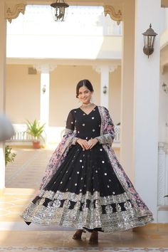 Material: Georgette.
Top Length: 57 inches.
Check our size chart for size reference. Punjabi Wedding Dress, Indian Long Gowns, Anarkali Designs, Black Anarkali, Wedding Dresses Pakistani, Pink Anarkali, Indian Wedding Gowns, Georgette Gown, Gown With Dupatta