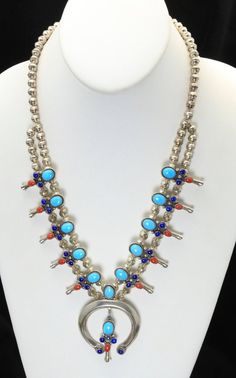 Vintage Sterling Silver Turquoise Coral & Lapis Squash Blossom NAJA Necklace Blue Western Style Jewelry With Inlay, Naja Necklace, Native American Jewellery, Lapis Lazuli Stone, Squash Blossom, Coral Turquoise, Silver Turquoise, Turquoise Sterling Silver, Link Chain