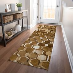 a brown and white area rug in front of a door