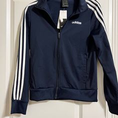 Adidas Athletic Jacket, Xs, Nwt Blue Hooded Outerwear With Three Stripes, Sporty Navy Adidas Outerwear, Blue Three Stripes Track Jacket For Fall, Adidas Three Stripes Winter Outerwear, Adidas Three Stripes Spring Outerwear, Navy Adidas Long Sleeve Track Jacket, Adidas Navy Long Sleeve Track Jacket, Hooded Outerwear With Three Stripes For Fall, Adidas Three Stripes Fall Outerwear