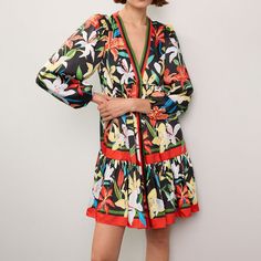 Spring V-neck Mini Dress With Blouson Sleeves, Floral Print V-neck Mini Dress For Work, Long Sleeve Floral Print Mini Dress For Work, Floral Print Mini Dress For Work, Floral V-neck Mini Dress For Workwear, Multicolor Spring Dresses With Blouson Sleeves, Spring Multicolor Dresses With Blouson Sleeves, Boutique Fashion, Mini Shirt Dress