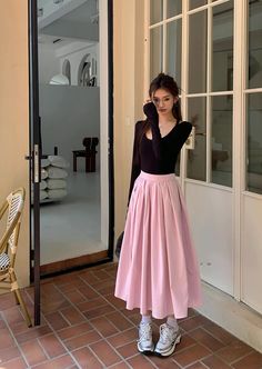 The perfect pink midi skirt for spring! With a pleated flare silhouette, side pockets and concealed back zipper, this skirt mixes and matches easily, and looks cute all day. Lined. S: 25" waist, 29.5" lengthM: 26.5" waist, 29.5" lengthL: 28" waist, 30" lengthXL: 29.5" waist, 30" length Fold Skirt, Summer Long Skirt, Big Skirt, Long Brown Skirt, Big Skirts, Pink Midi Skirt, Long Skirt Summer, Pink Midi, Pink Prom Dress