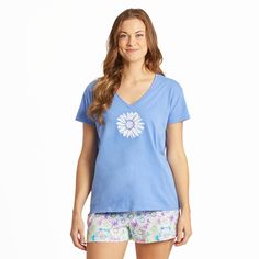 You're getting sleepy (very sleepy) in this 100% cotton jersey sleep tee. Snuggle up soft with v-neck styling for added comfort, this one will have you reaching for the snooze button. 100% Cotton Jersey 4.72 oz. Fabric washed for softness Relaxed fit with a slightly dropped shoulder Flattering v-neckline with self-fabric taping inside back neck Printed graphic Imported | Life is Good Women's Peaceful Daisy Snuggle Up Relaxed Sleep Vee in Cornflower Blue Size XS | 100% Cotton Comfortable Tops For Bedtime In Spring, Comfortable Tops For Spring Bedtime, Comfortable Spring Bedtime Tops, Comfortable Cotton Tops For Bedtime, Comfortable Cotton Bedtime Tops, Cotton V-neck Sleepwear For Relaxation, Spring Cotton V-neck Sleepwear, Cotton V-neck Sleepwear For Spring, Casual Cotton V-neck Sleepwear