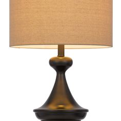 a table lamp with a beige shade on it and a black base, against a white background