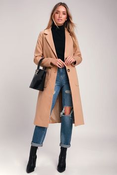 Chic Tan Coat - Long Coat - Oversized Coat - Tan Felt Coat - Lulus Tan Coat Outfit, Tan Wool Coat, Coat Outfit Casual, Winter Coat Outfits, Tan Coat, Stylish Coat, Looks Black, Ținută Casual, Coat Outfits