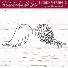 a white wooden background with a flower and an angel's wing cutout on it