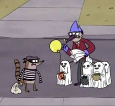 a cartoon character holding a balloon next to two dogs and a cat on the street