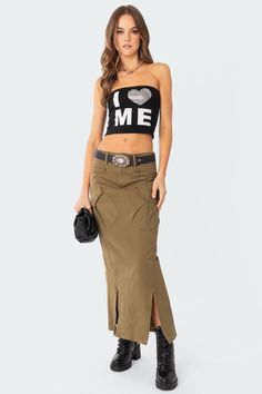 Maxi skirt Low rise waist Front pocket detail Zip front slits Back Slit Cargo fabric 100% Cotton Model wears size S Model height is 5'7 Item care: Wash with similar color Cargo Skirt Outfit, Low Rise Skirt, I Love Me, Swimwear Dress, Maxi Styles, Cargo Skirt, Cotton Maxi, Pocket Detail, Skirt Outfits