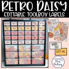 the retro daisy editable toolbox labels are on display in front of a pink background