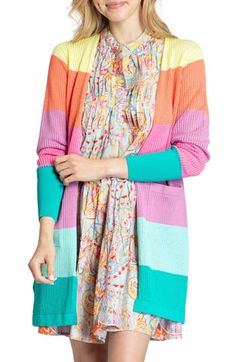 You'll be grateful for sweater in an open-front cardi striped in bold blocks of color. Open front Long sleeves 75% rayon, 25% PBT polyester Machine wash, dry flat Imported Multicolor Color Block Outerwear For Layering, Striped Sweater For Spring Layering, Multicolor Color Block Cardigan, Spring Color Block Cardigan For Casual Wear, Spring Color Block Cardigan For Layering, Spring Color Block Sweater For Layering, Striped Cardigan For Spring Layering, Spring Striped Cardigan For Layering, Trendy Colorful Spring Cardigan