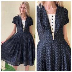 Super sweet printed black cotton dress with full skirt. Bust: 34"Waist: 25"Hips: freeLength: 44"Circa: 1950'sCondition: Good vintage condition. A bit of wear to the underarms where the print has somehow worn off a bit, nothing major. Several mends. The hem has come out of it's last fold but is still finished and looks fine. A hint of yellowing to the tuxedo part. Priced accordingly. For fun stuff--->>>@closetcasevintageinstagram.com/closetcasevintagePlease read our store policies. Retro Black Fit And Flare Dress, Fitted Black Vintage 1950s Style Dress, 1950s Style Fitted Black Vintage Dress, Black Fitted Vintage Dress In 1950s Style, Black Short Sleeve Dress For Vintage Fashion, Black Vintage Fit And Flare Dress, Black Retro Dress With Full Skirt, Retro Black Dress With Full Skirt, 1950s Style Black Knee-length Vintage Dress