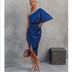 Love This Dress, Just Don’t Have Any Occasion To Wear It! Blue One-shoulder Midi Dress For Date Night, Blue One-shoulder Midi Dress For Night Out, Blue One Shoulder Midi Dress For Night Out, Blue One-shoulder Midi Dress For Cocktail, Royal Blue One-shoulder Dress For Night Out, Chic Blue Midi Dress For Night Out, Chic Blue Midi Dress For Brunch, Chic Blue One Shoulder Dress, Royal Blue Chic Midi Dress For Night Out