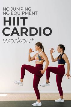 two women in red leggings and black bra top doing exercises with the words no jumping, no equipment hit cardio workout