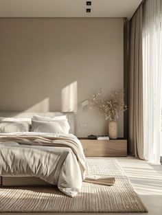 a large bed sitting in a bedroom on top of a carpeted floor next to a window