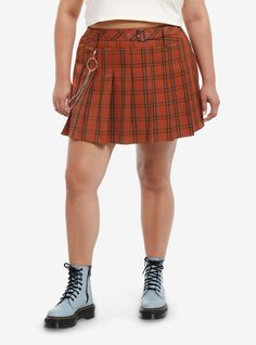 Get ready to fall in love with this autumnal skirt on! It features a cozy orange plaid design with a matching sewn-in belt up top  mini pleats across the front  plus a removable side chain.84% polyester; 16% rayonWash cold; dry lowLength: 18"No stretchSide chain includedBelt detailImportedModel is 5'10"Model wears size 1 Fall Mini Skirt With Belt Loops, Fall Denim Skirt With Belt Loops, Casual Fall Skirt With Belt Loops, Fall Plaid Pleated Mini Skirt, Pleated Plaid Mini Skirt For Fall, Brown Mini Pleated Skirt For Fall, Plaid Mini Skirt For Fall, Trendy Plaid Pleated Skirt For Fall, Trendy Plaid Fall Skirt