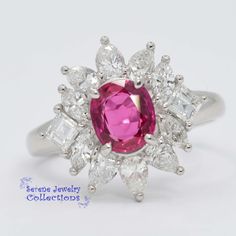 Beautiful pinkish red ruby set in platinum and adorned in many sparkling marquise diamonds! Ring Size: 6.5 Total Weight: 6.93 grams Precious Metal: Platinum Precious stones: -Ruby gemstone: 1.15 carats, 6.5mmx5.7mm -Diamonds total weight: 1.19 carats Hallmark: Pt900 115 D1.19 Luxury Marquise Ruby Ring With Diamonds, Luxury Marquise Red Ruby Ring, Luxury Red Marquise Ruby Ring, Classic Marquise Ruby Ring With Vvs Clarity, Dazzling Gia Certified Ruby Ring, Elegant Marquise Ruby Ring With Vvs Clarity, Luxury Ruby Marquise Cut Rings, Formal Marquise Ruby Ring With Diamond, Pink Platinum Ruby Ring