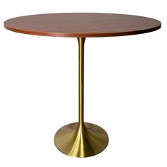 a round wooden table with a gold base on an isolated white background for use as a dining room or office space