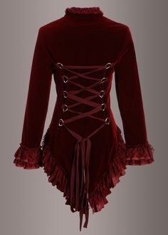 Be a velvet vision in this gothic tail jacket! This velvet goth jacket is made out of lush burgundy velvet and features beautiful lacing in the back, stud decoration, ruffles on the seams and a decorative button closure in the front. Put this vampire coat on and look wickedly awesome! Available in sizes, XS, S, M, L, XL, XXL and XXXL. Add some victorian chic to your outfit with this stunning velvet steampunk jacket! Measurements SIZE CHART JACKETS XS S M L XL XXL BUST (in) 31-32 33-34 35-36 37-3 Dressage Tailcoat, Victorian Inspired Fashion, Black Lace Choker Necklace, Gothic Coat, Black Lace Choker, Corset Outfit, Elegant Jacket, Victorian Steampunk, Steampunk Costume