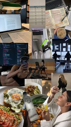 a collage of photos with people working and eating