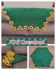 the sunflowers are crocheted on top of this afghan, and it is green with yellow flowers