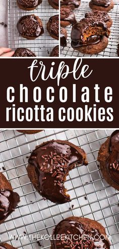 chocolate ricotta cookies on a cooling rack with one cut in half and the other partially eaten