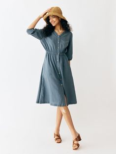 Shopcozy offers stylish and concessional Dresses.. SPU: 4491TDRAH948F, Color: Blue, Sleeve Length:Short Sleeve, Thickness:Regular. Swedish Dress, Elastic Waist Dress, Timeless Wardrobe Staples, Loose Shirts, Online Dress Shopping, Types Of Dresses, Linen Women, Summer Essentials, Fitted Dress