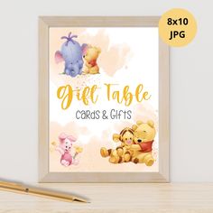 a wooden frame with winnie the pooh and friends on it, next to a pencil