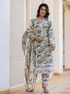 Beige, Blue & White Cotton Leaf Print Straight Shape Pakistani Style Suit Set with Voile Dupatta Spring Cotton Lawn Suit With Long Sleeves, Fitted Cotton Lawn Suit With Long Sleeves, Unstitched Cotton Lawn Suit With Long Sleeves, Unstitched Long Sleeve Cotton Lawn Suit, Printed Cotton Long Sleeve Salwar Kameez, Cotton Lawn Suit With Dupatta And Long Sleeves, Printed Long Sleeve Cotton Salwar Kameez, Long Sleeve Cotton Lawn Suit With Print, Cotton Long Sleeve Lawn Suit For Eid