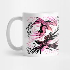 two birds are flying in the air with pink and black designs on white coffee mug