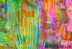 an abstract painting with bright colors and lines on it's surface, as well as the