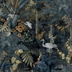 an image of a tropical scene with birds and flowers